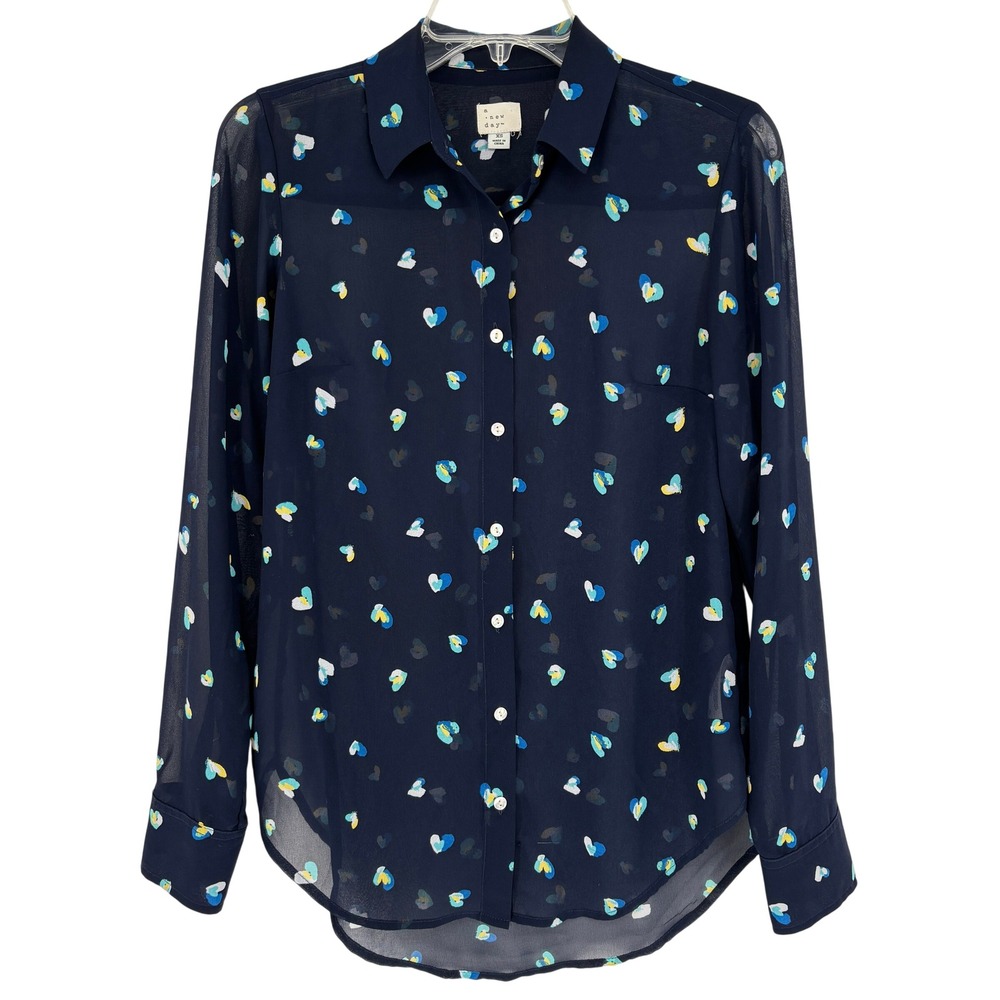 A New Day Sheer Blue Heart Print Long Sleeve Button Top Womens XS Work Office
